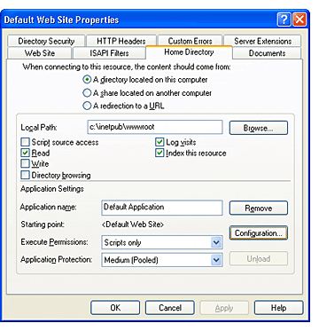 Figure 1: You must modify the Default Web Site Properties to add a custom handler.